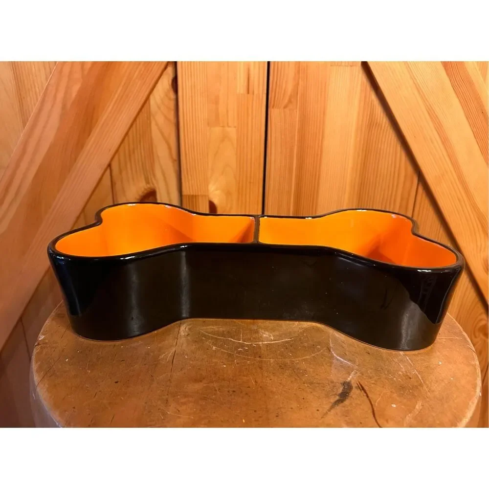 Rae Dunn Artisan Collection Bone Appetit Orange And Black Dog Pet Bowl New in bo